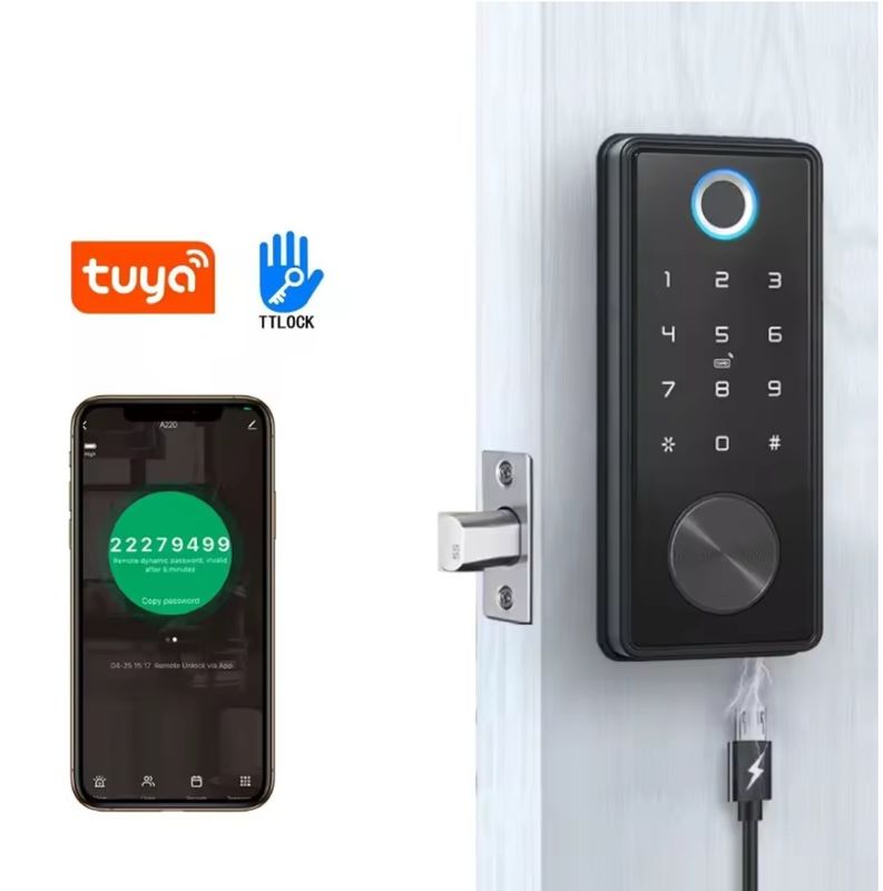Fechadura inteligente de liga de zinco preto azul para rede WIFI Tuya APP cartão de memória