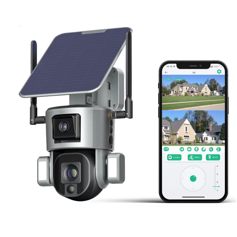 Câmera de vigilância de dupla lente 4K com armazenamento a bordo e energia solar
